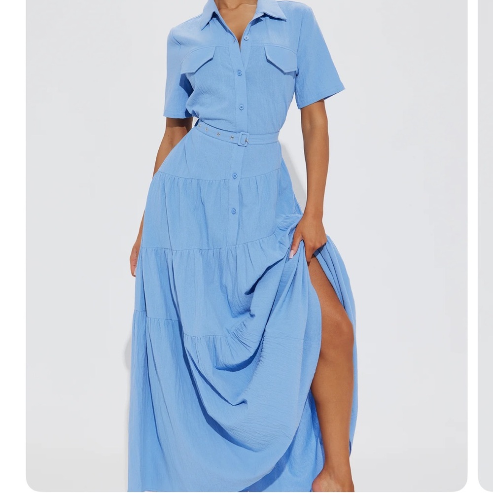 Blue short sleeve belt Maxi Shirt Dress